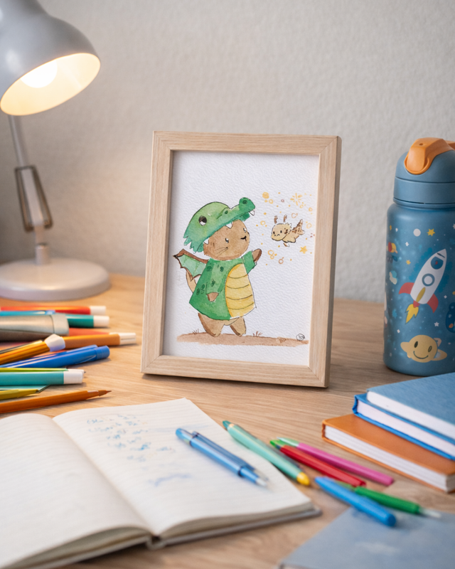 Petit chat aime les dragons - Aquarelle originale 10x15 cm