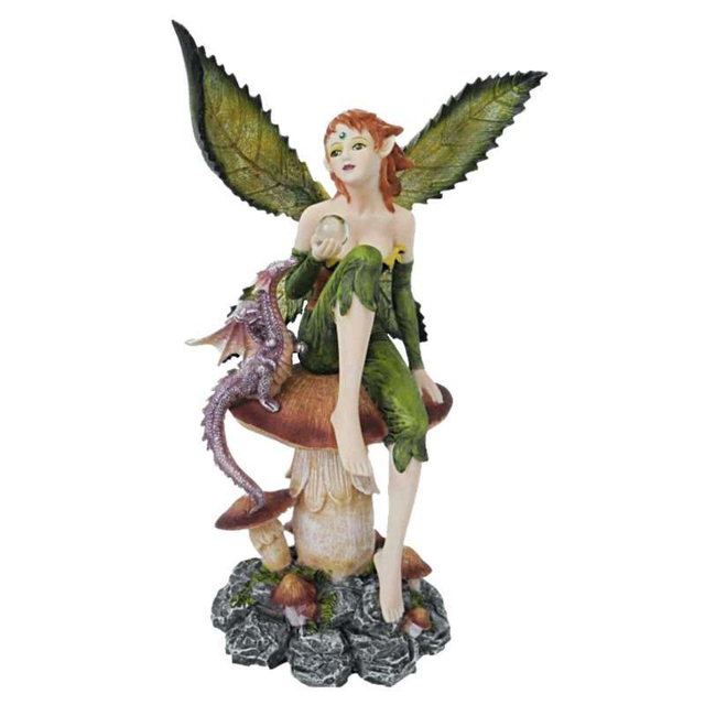 Fée moyenne - Verte assise sur champignon avec dragon rose mauve