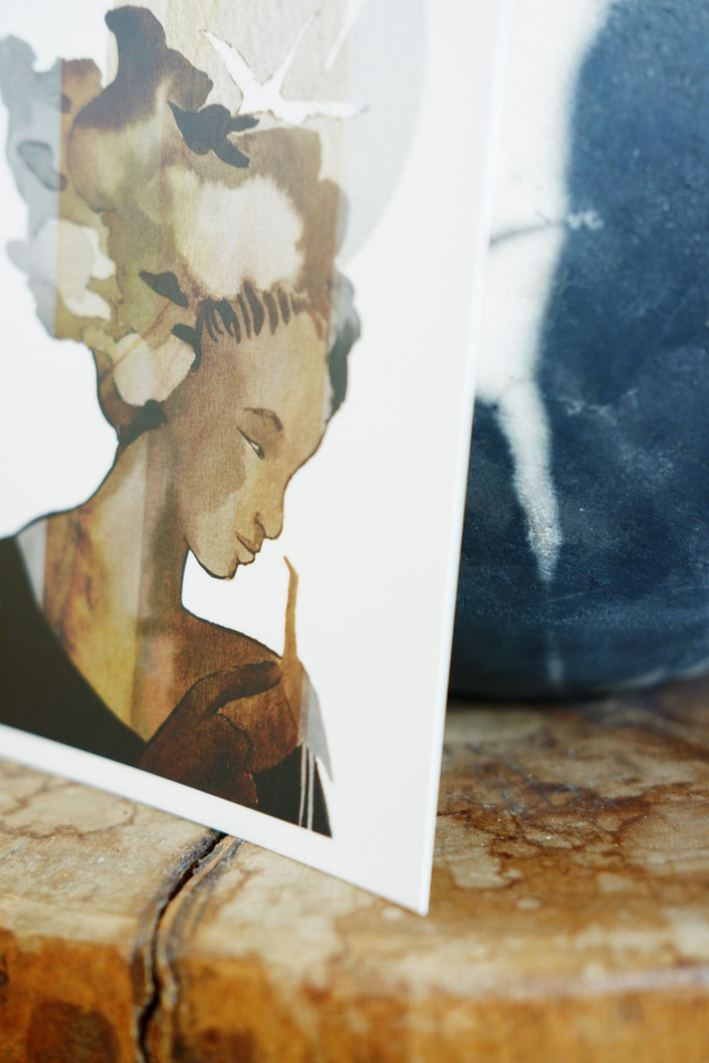 Carte postale A6 illustration "la femme aux grues"