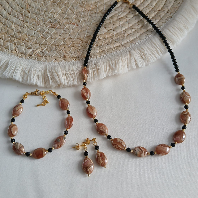 Dames sieradenset Rhodochrosiet & Onyx (1.325)
