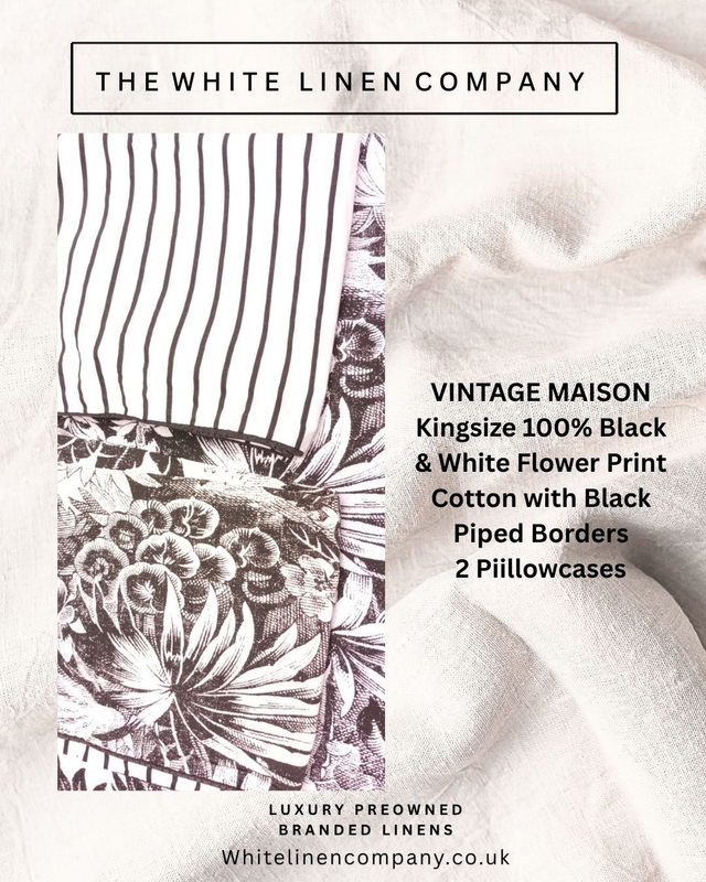 VINTAGE MAISON Kingsize 100% Black &amp; White Flower Print Cotton 2 PC