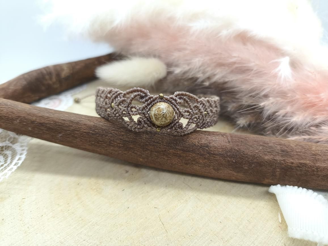 Bracelet marron tissage travaillé perle jaspe paysage et perles laiton