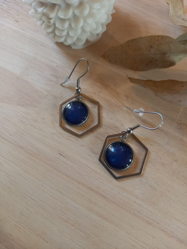 Boucles d&#039;oreilles Cabochon - hexagone - bleu