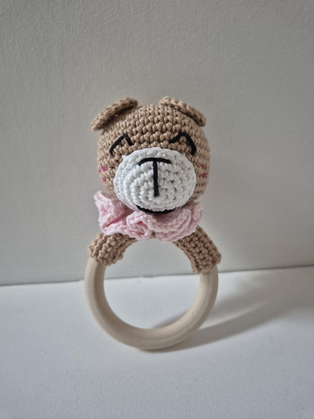 Hochet - Anneau de dentition Ourson col rose avec grelot