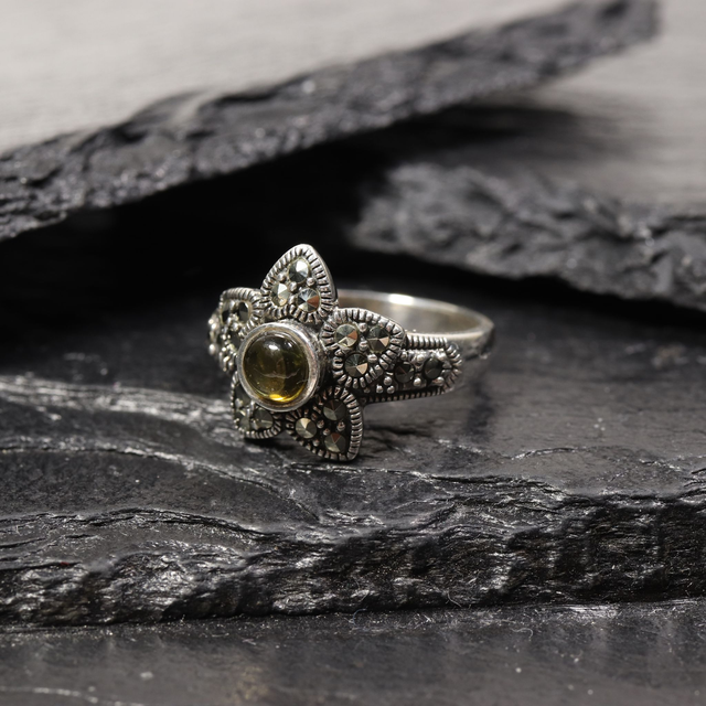 Vintage Sterling Silver 925 Art Deco Style Round Cabachon Cut Yellow Tourmaline With Marcasite Gemstone Star Design Ring Size O - 7