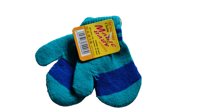 Moufles vert et bleu avec cordon  (Magic Baby)