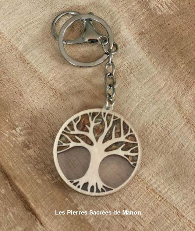 Porte-clés Arbre de vie en bois incrusté d'Ambre