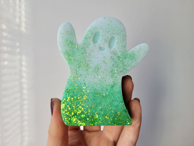 Ghost Ornament - White to Green Ombré, Gold &amp; Green Glitter 
