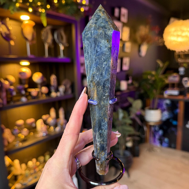 Blue Kyanite and Golden Healer Wand on Stand R54J7