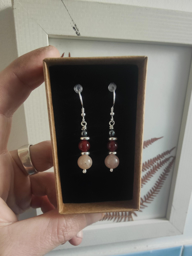 Boucles d&#039;oreilles &quot;Harmonie&quot; Triple Argent 925 : Hématite Cornaline Pierre de Lune 