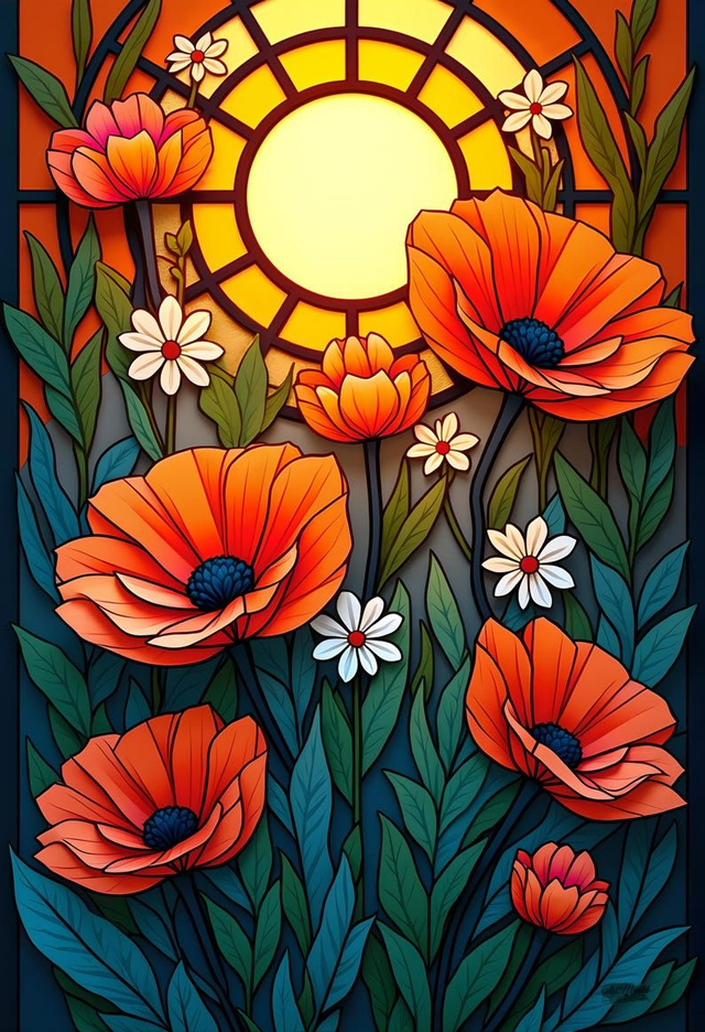 Tableau Coquelicots Vitrail 🌺 | Art Floral Rouge & Noir – Décoration Murale Éclatante 🎨