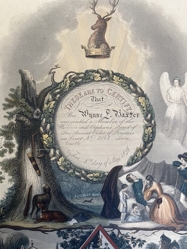 Unique certificate awarded to Wynne Baxter by the Ancient Order of Foresters in 1876