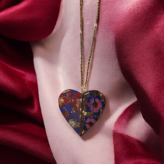 Collier dessiné Flora acier inoxydable rouge et violet bi matière