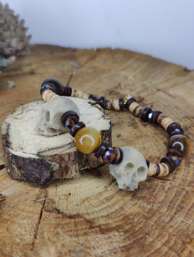 Bracelet homme tête de mort vintage, oeil de tigre et bois