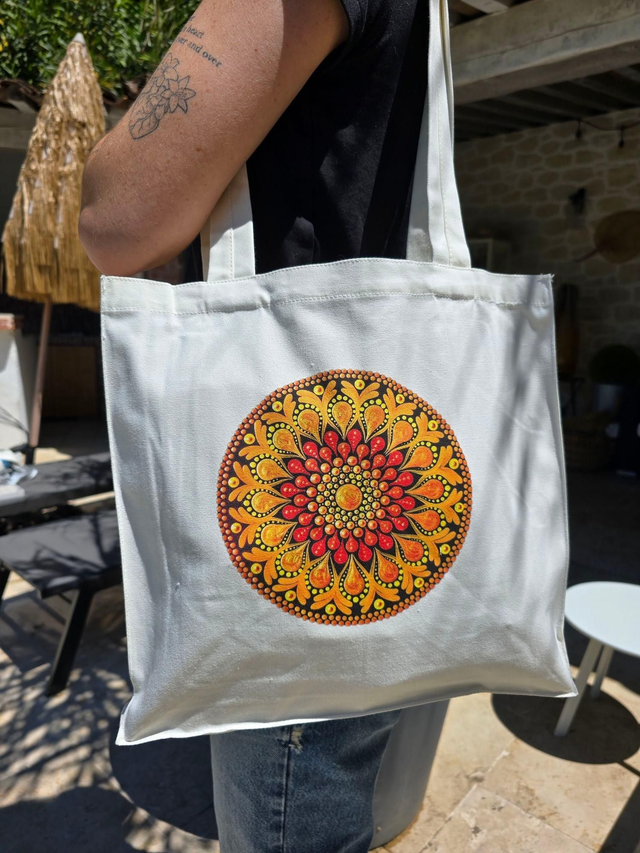 Sac fourre-tout en coton impression mandalas orange ou bleu - sac de plage - tote bag