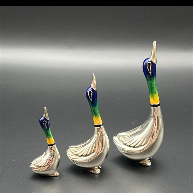 Saturno Italian Silver &amp; Enamel Ducks – Set of Three Miniature Figures 