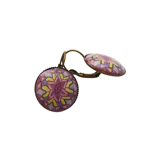 Boucles d&#039;oreilles dormeuses mandala mauve jaune
