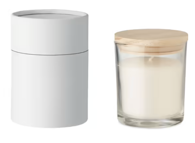 4 Geurkaarsen  in glazen houder met bamboe deksel in een kartonnen giftkoker - Levering eind maart 2026