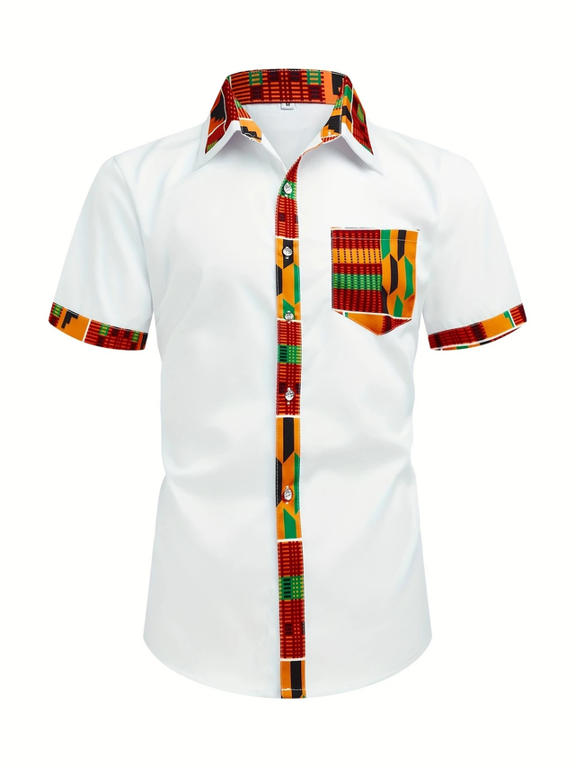 Men's DJINGFC Short Sleeve Ethnic Print Square Neck Shirt 