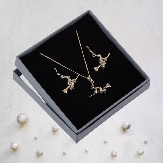 Sterling Silver Witch on Broomstick Jewellery Set - Fly Into Wicked Style