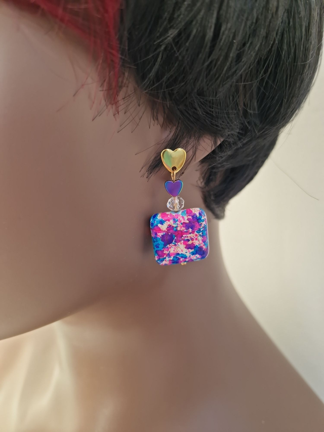 Boucles D'oreilles Acier Cœurs Multicolore Pierres Naturelles Multicolore