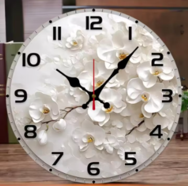 Ronde wandklok van hout analoge Witte Orchidee (25cm)