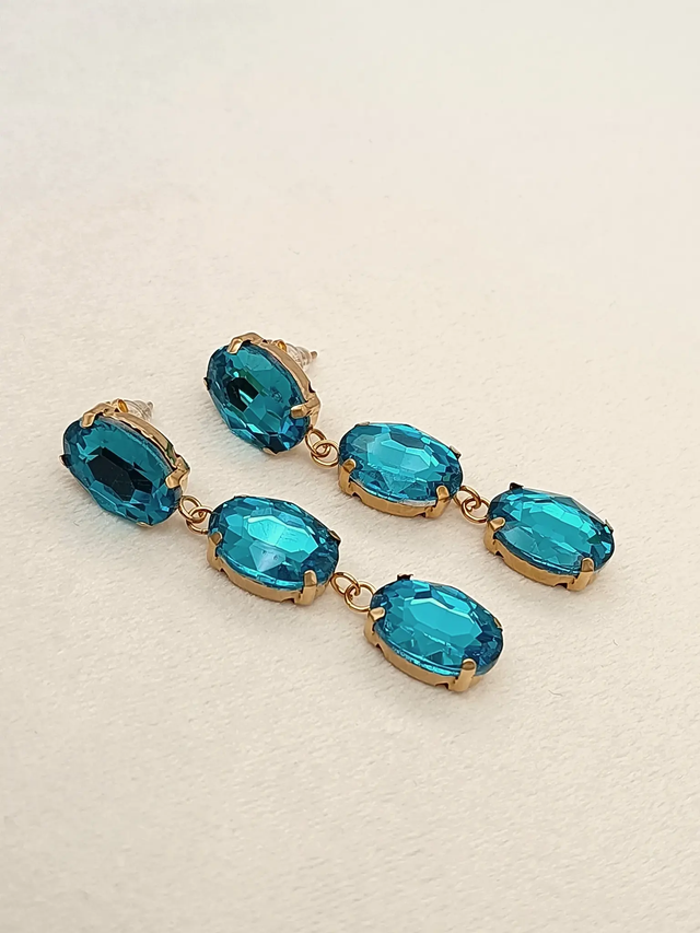 Boucles d'oreilles dorées strass pendant bleu
