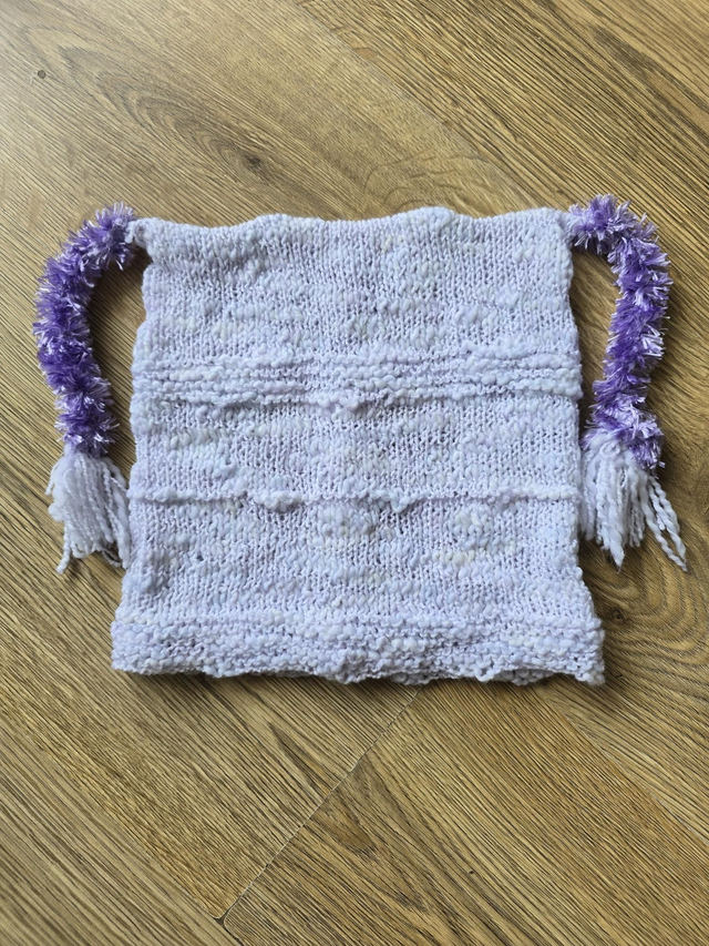 Knitted teabag hat lilac white mix purple tassels teen/adult