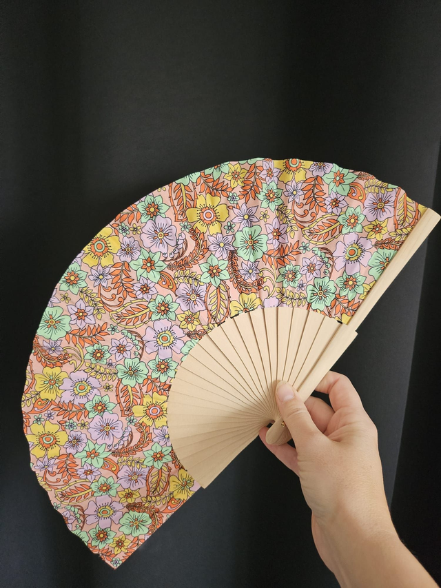 Eventail tissu fait main - rose fleurs peps