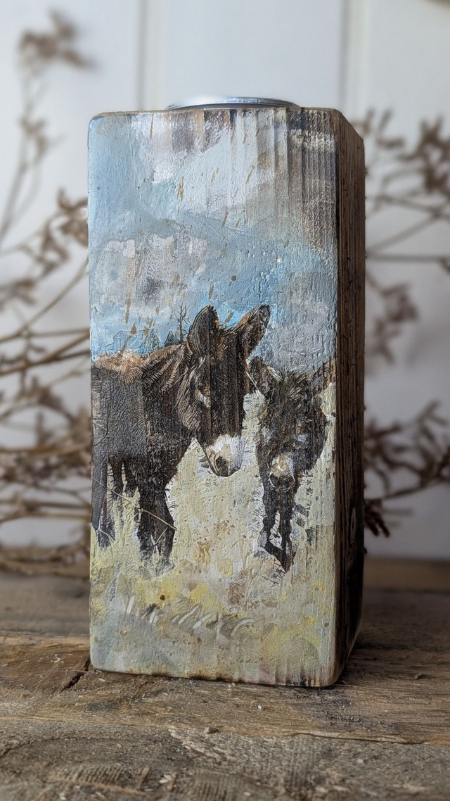 Donkeys grazing - Tealight Holder Reclaimed Wood