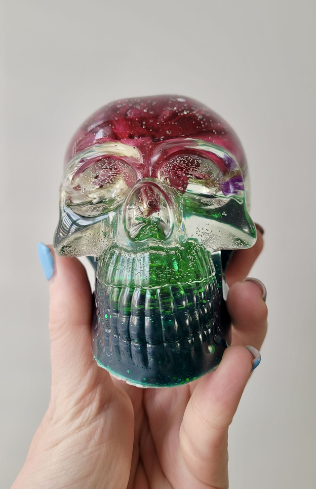 Skull Ornament - Large - Green & Clear Flower Floral Glitter