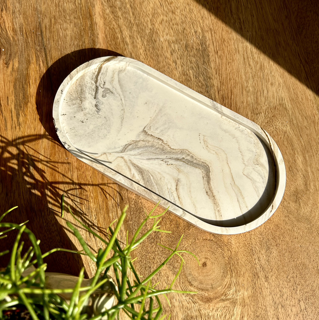 Grand plateau Ovale marbré beige 