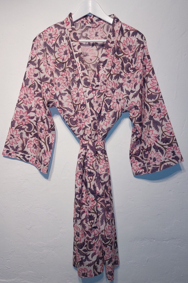 Robe kimono en coton, peignoir, robe de chambre, imprimé à la main, motif floral rose et gris, L.100cm