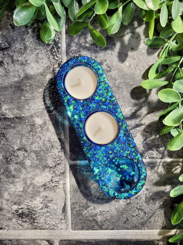 Triple Tealight Candle Holder – Blue Heart Glitter