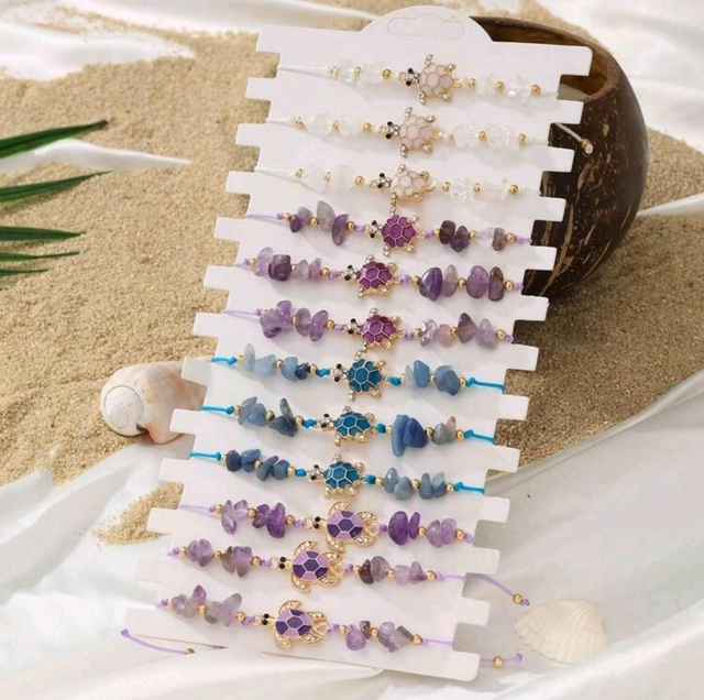 Bracelet en pierres irrégulières totem tortue - réglable - à l'unité 