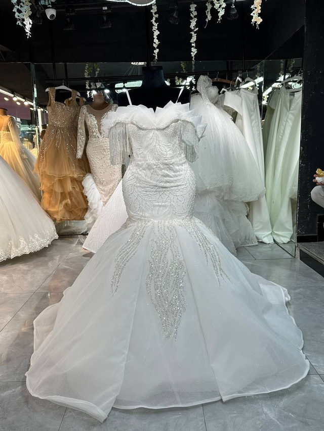 Robe de Mariée Sirène Col Bateau Manche en Perles tombantes / Réf : RMS83