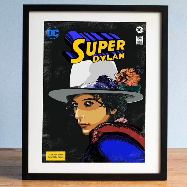 Bob Dylan, Super Dylan, it’s all over now baby blue poster, print comic style