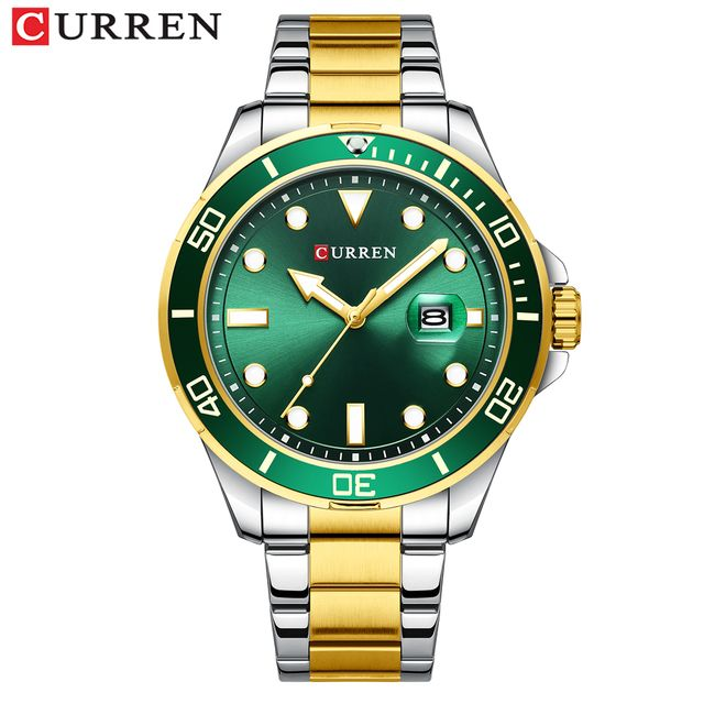 Orologio Curren in acciaio inossidabile con datario verde e oro