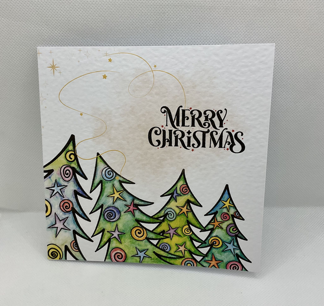 Personalised Christmas card. Colourful Christmas’s trees.