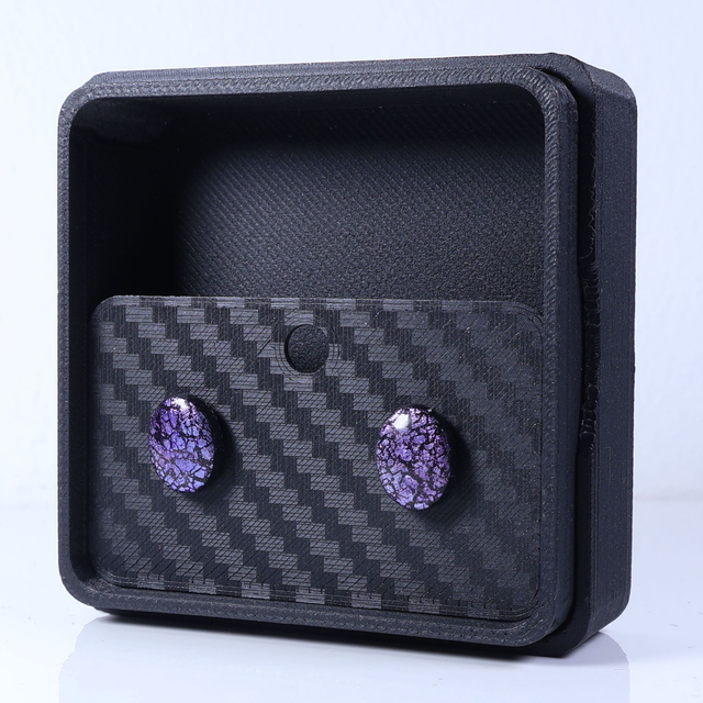 Hypoallergenic Vibrant Electric Cracked Purple Oval Cut Polymer Clay Plastic Back Stud Earrings With Designer Carbon Fiber Jewellery Box