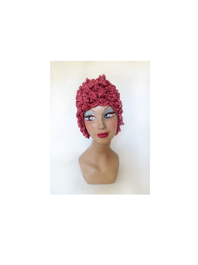 Bonnet  cagoule rose en laine vintage 2000 chapeau hiver Mlle 3bis