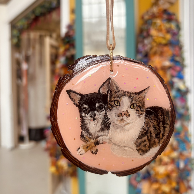 Pet Portrait / Animal Portrait Hanging Wood Slice Decoration- Two Pets