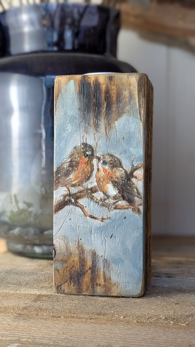 Robins on blue skies - Tealight Holder Reclaimed Wood
