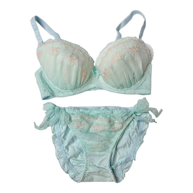 Mint green /  blue Floral Japanese Bra + Underwear Set UK 32DD   (1)
