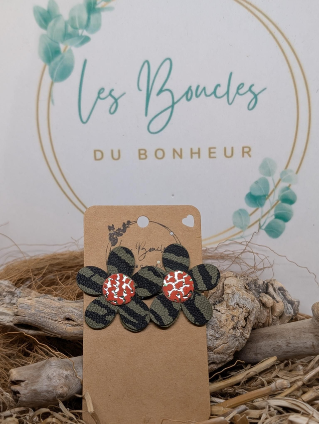 Boucles d&#039;oreilles Baby Marguerite  zèbre kaki bm058