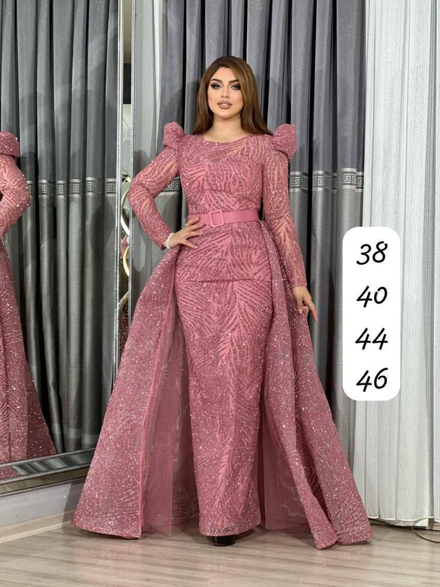 Robe de Soirée Rose Épaulée avec Paillettes Manches longues / Réf : RMSR11