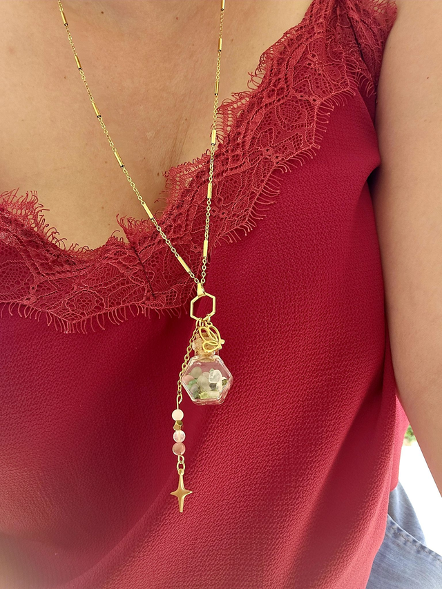 Sautoir Doré Talisman Mystique "BONHEUR" - Rhodonite, Quartz Rose, Péridot &amp; Pierre de Lune