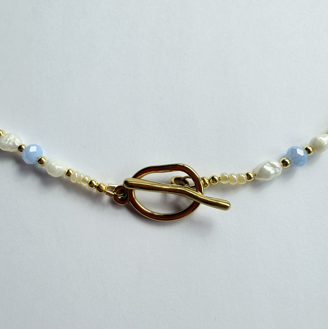 ARABELLA - Powder Blue, Butter Yellow & Pearl Beaded Toggle Necklace