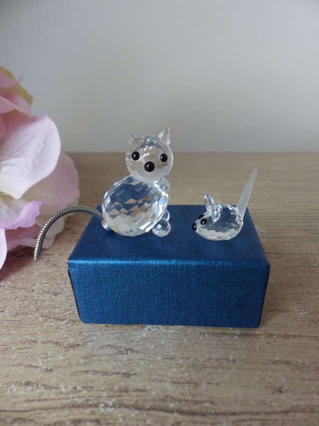Figurines Miniatures Chat et Souris en Cristal Swarovski - Chat Debout avec Queue Flexible - Cadeau Amoureux des Chats - Décoration Élégante