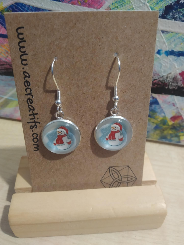 Boucles d&#039;oreilles cabochons bonhomme de neige bleue